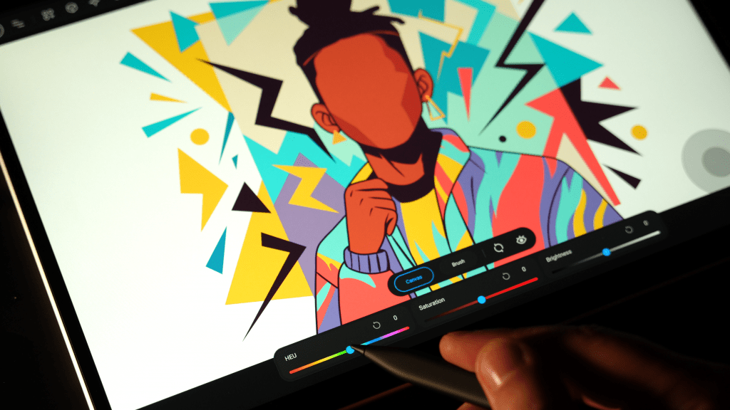 Color adjustment tools in StylusX showing brightness, contrast, and hue sliders applied to a digital artwork.