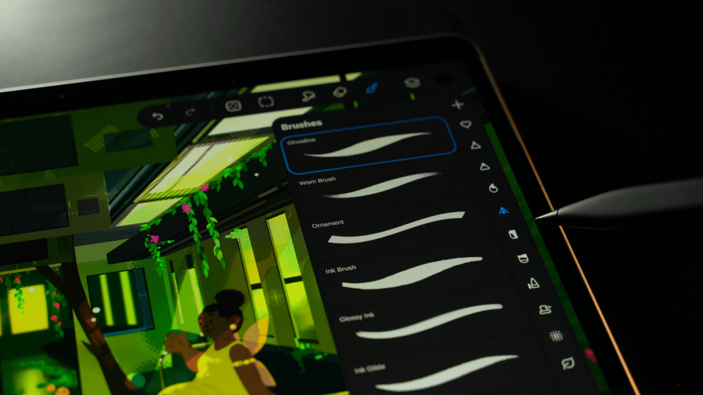 StylusX brush engine interface showing multiple brush types and pressure-sensitive stroke preview.